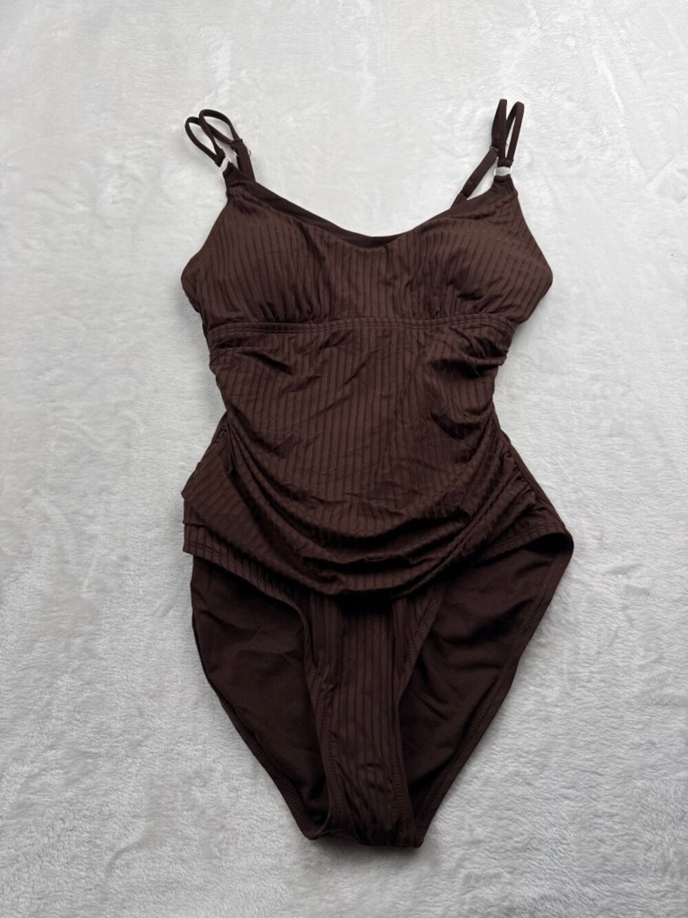 Ellen Tracy Brown Pinstriped One-Piece Swimsuit With Adjustable Straps - Size L